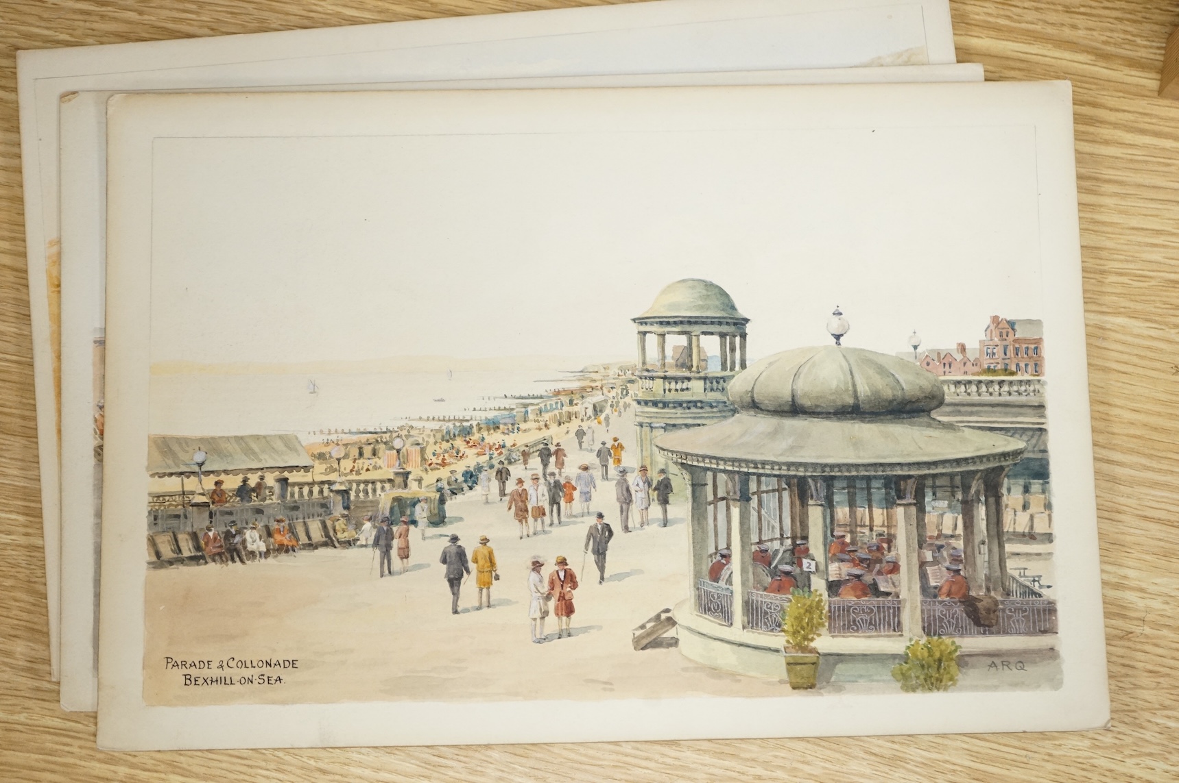 Alfred Robert Quinton (1853-1934), a set of six original watercolours for post card designs, Sussex coast views to include West a parade Bognor, Beachy Head, Eastbourne and Marine Gardens, West Worthing, each signed and
